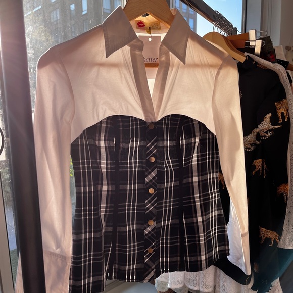 SOLD Vintage Black Plaid Corset White Collared Shirt - Picture 10 of 11